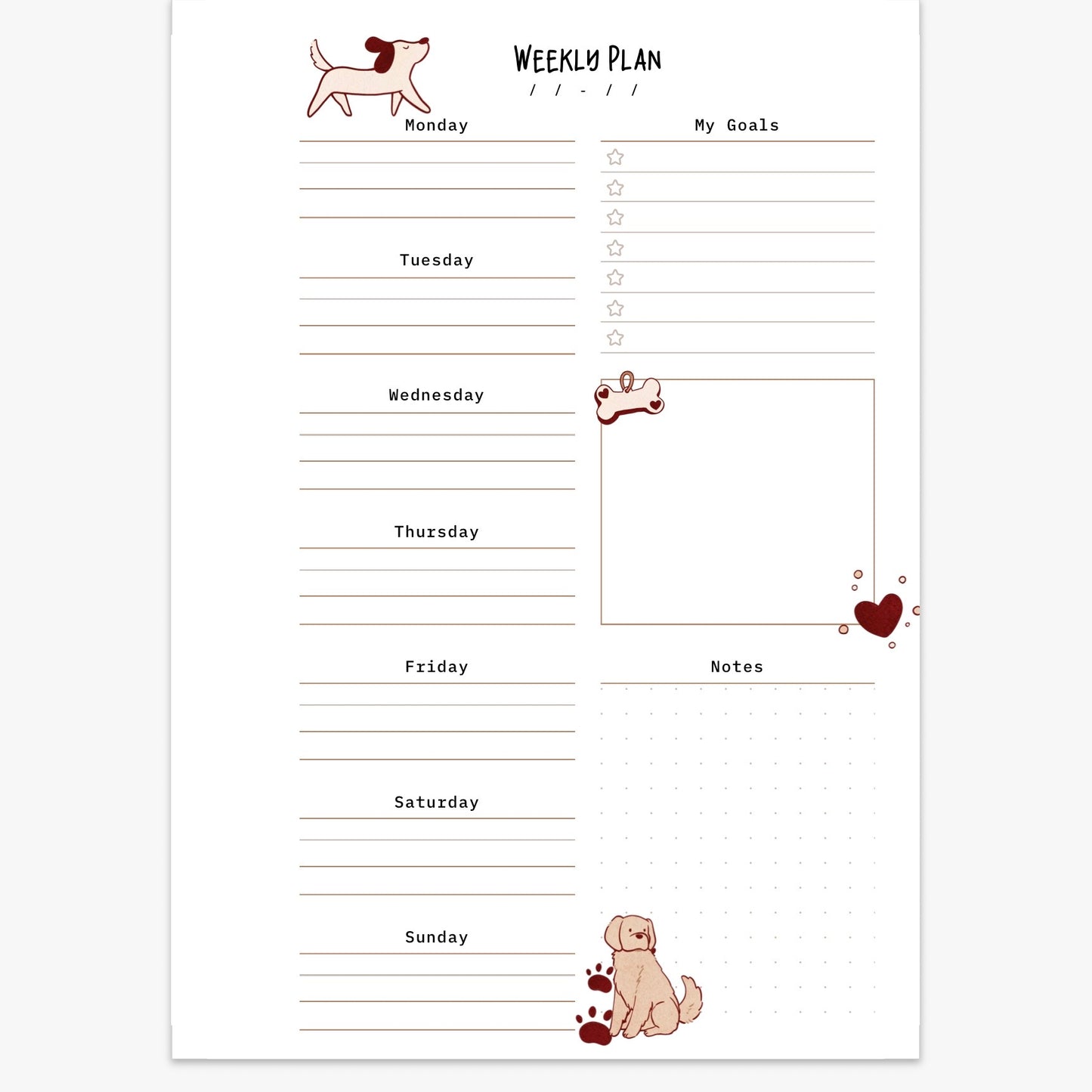 Minimalist Dog Themed Weekly Planner
