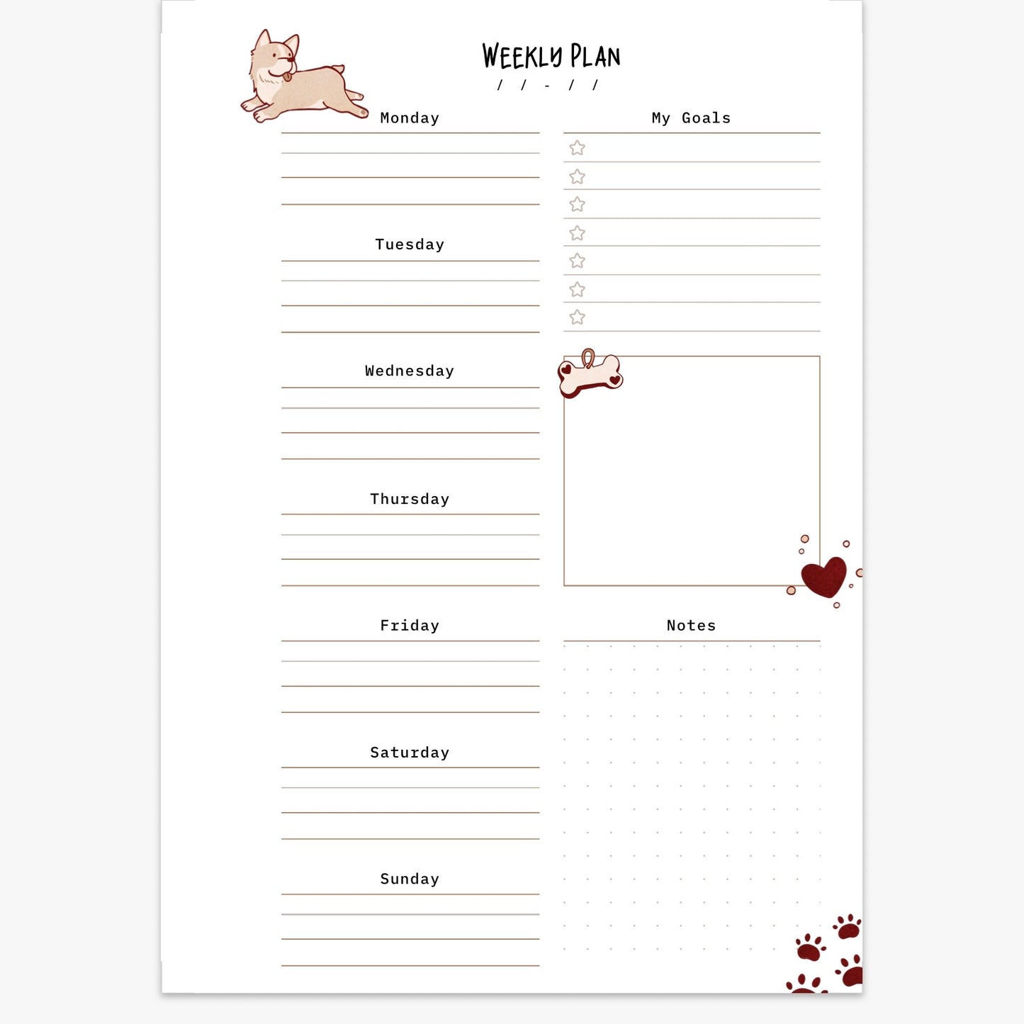 Minimalist Dog Themed Weekly Planner