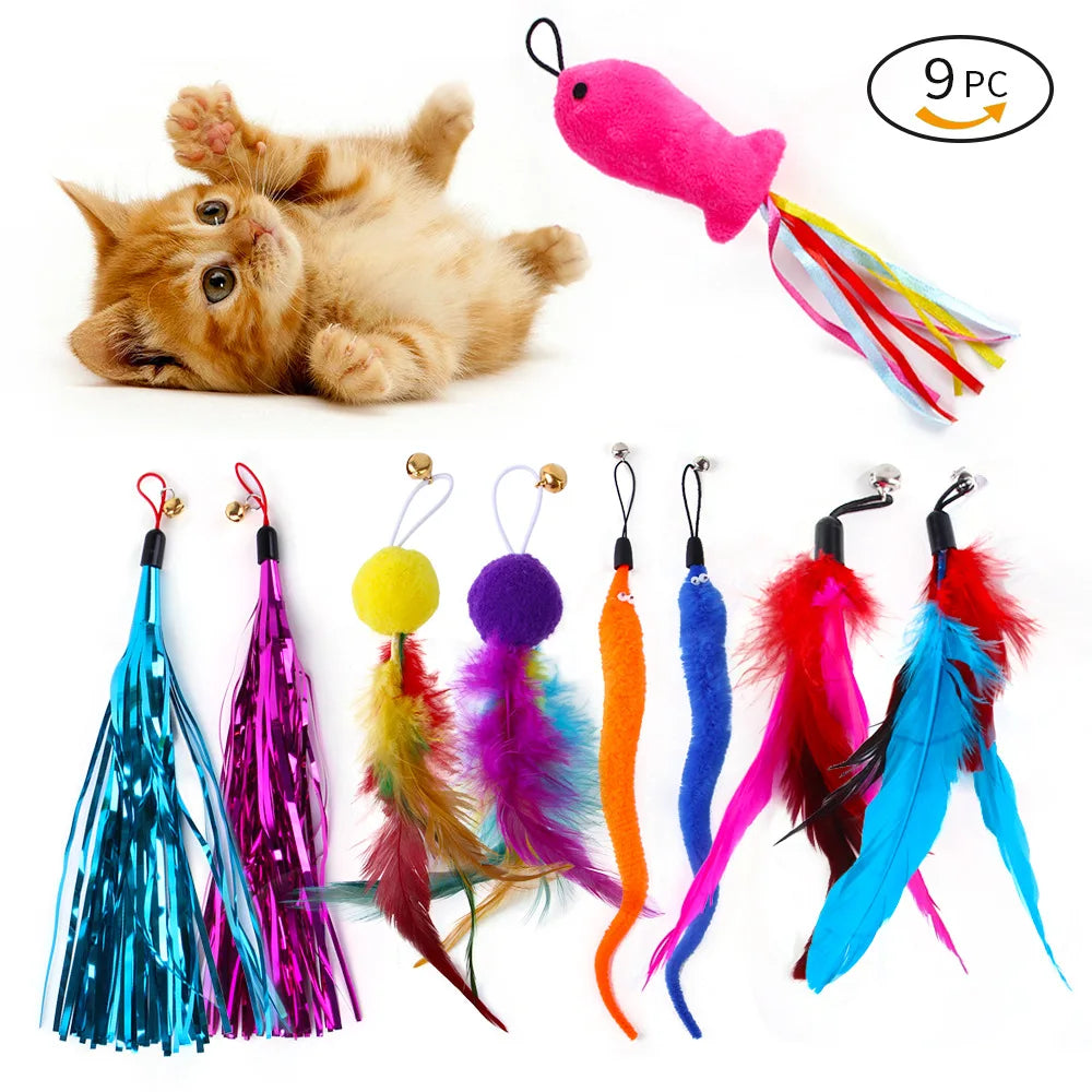 9 Pack Colorful Feather Replacement Head Funny Cat Toy